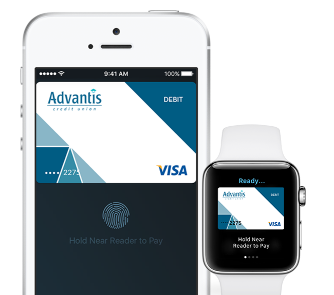 Mobile pay view of Advantis website on mobile and smart watch.