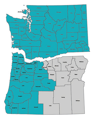 Washington and Oregon Map of counties that are eligible for credit union membership