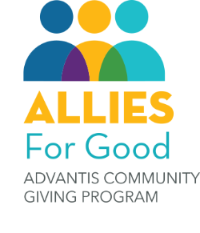 The logo for "Allies for Good: Advantis Community Giving Program." The program name is in yellow, blue, and black. There is a graphic design of three abstract people above the text, in dark blue, yellow, light blue, purple, and green.