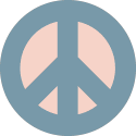 A graphic of a peace sign. The lines of the peace sign are dark blue, and the insides are light pink. 