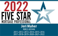Image of the 2022 Five Star Mortgage Professional Award for Jeri Maher, with her NMLS number, 603446, and the years 2011, 2012, 2013, 2014, 2015, 2016, 2017, 2018, 2019, 2020, 2021, and 2022.