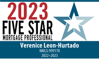 Image of the 2023 Five Star Mortgage Professional Award for Verenice Leon-Hurtado, with her NMLS number, 999170, and the years 2022-2023.
